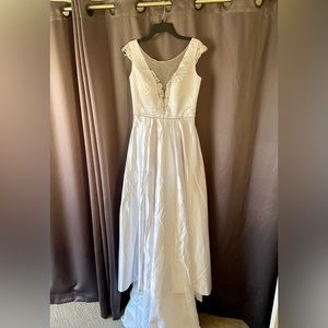 Wedding Dress, white-long-satin with deep v neck and long train, Size 12.